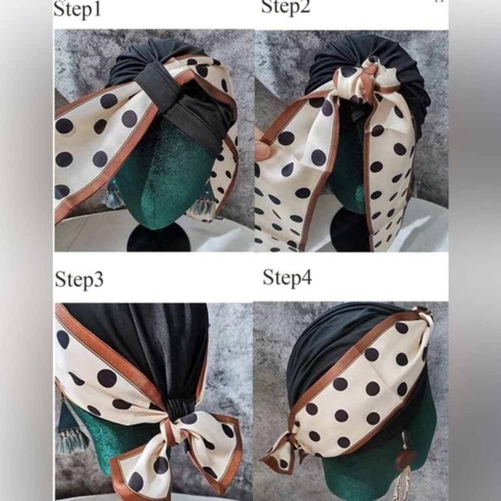 💋 NWT 2pcs Silk Scarf And Knotted Turban Wrap polka dot boho - Picture 4 of 6